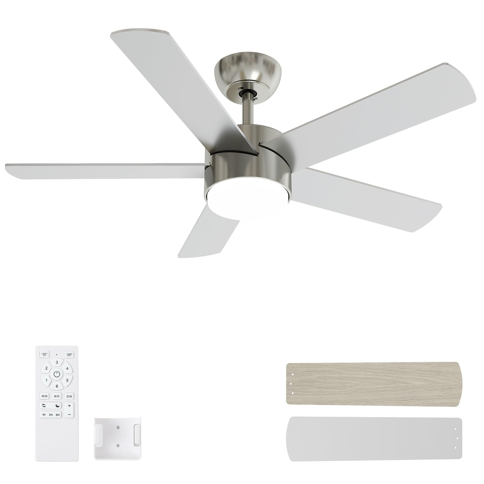 POCHFAN 42 Inch Brushed Nickel Ceiling Fans with Lights,Ceiling Fan with Remote Control,Reversible DC Motor,3 CCT 6-Speed,Noisel