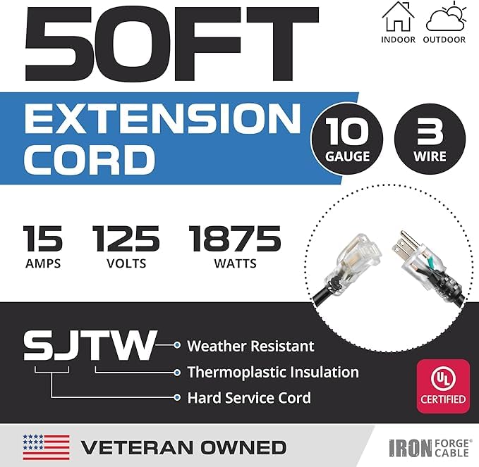 Iron Forge Cable Black Heavy Duty Extension Cord 50 Ft   3 Prong 10 Gauge Extension Cord, Outdoor Extension Cable With Grounded