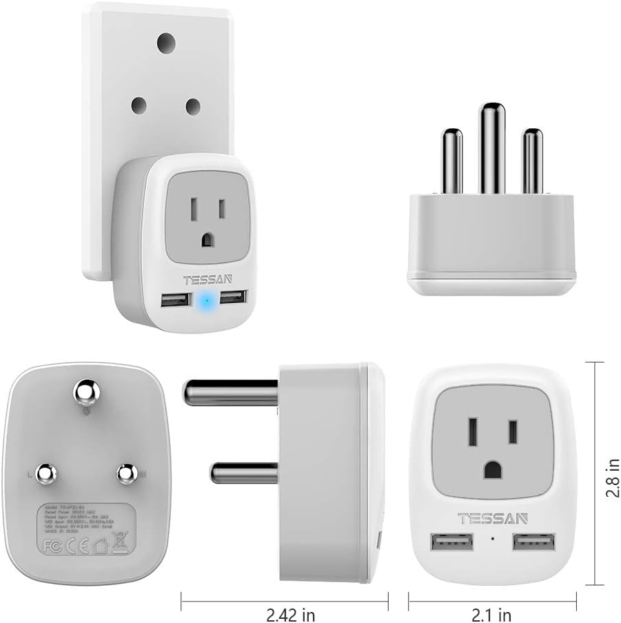 Tessan South Africa Power Adapter, Type M Travel Plug Adaptor With 2 Usb & 1 American Grounded Outlet For Usa To Bhutan, Botswan