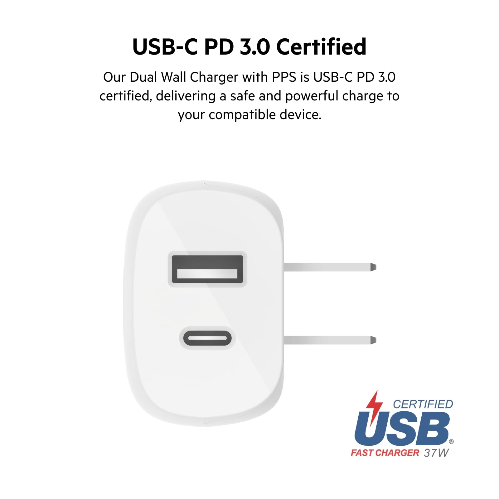 Belkin 37 Watt Usb C Wall Charger - Power Delivery 25W Usb C Port + 12W Usb A Port For Pps Charging With Usb-C To Lightning Cabl