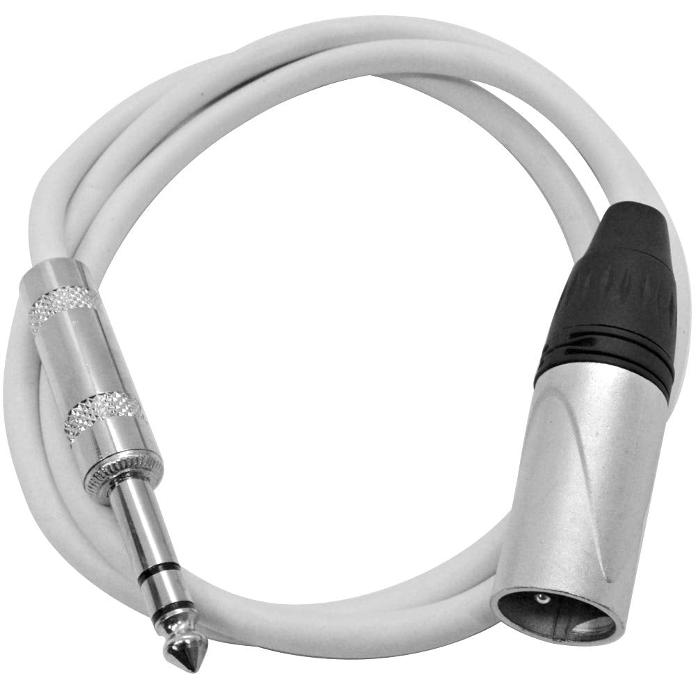 Seismic Audio - SATRXL-M3White - 3 Foot White XLR Male to 1/4 Inch TRS Patch Cables- 3 Professional Audio Balanced XLR-M to 1/4