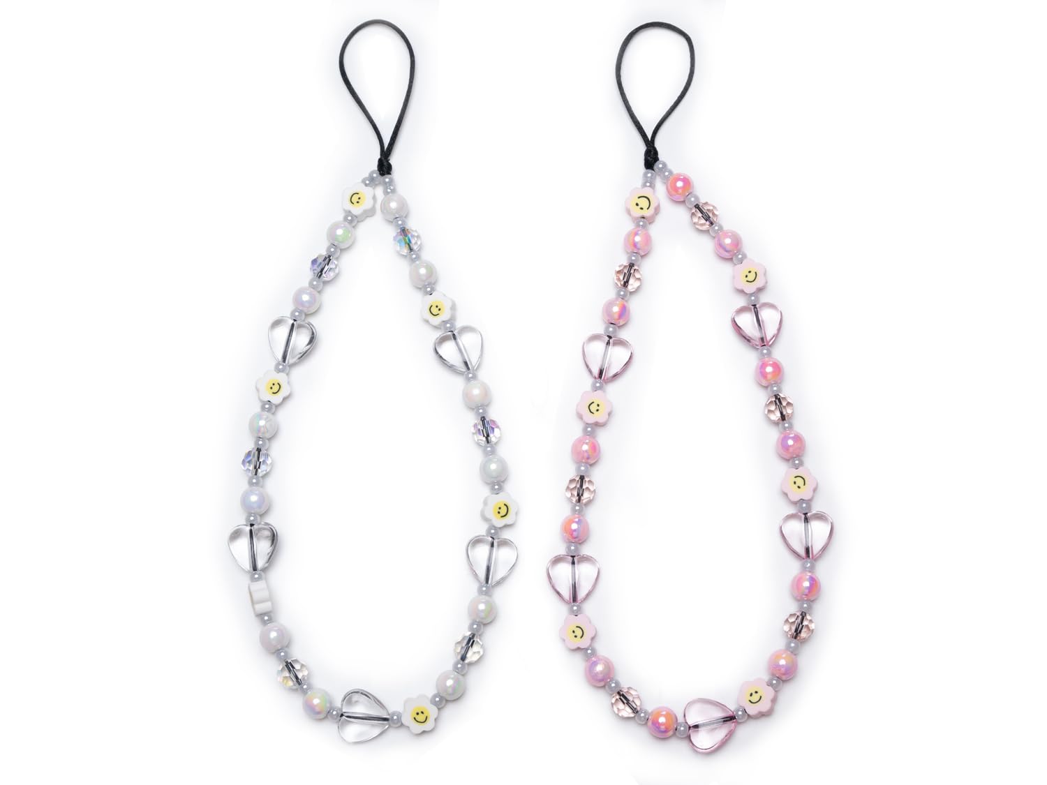 2PCS Phone Charm Wrist Strap, Cute Beaded Phone Chain with Crystal Heart & Smiley Face, Detachable Cell Phone Charms Keychain fo