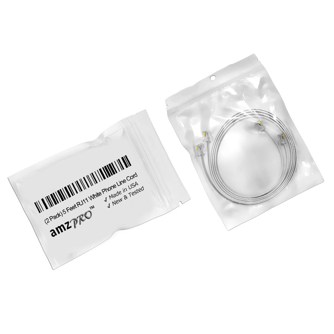 Amzdeals 2 Pack 5 Feet White Telephone Cable 6P4C Rj11 Male To Male, Made In Usa Pro Grade Phone Line Cord