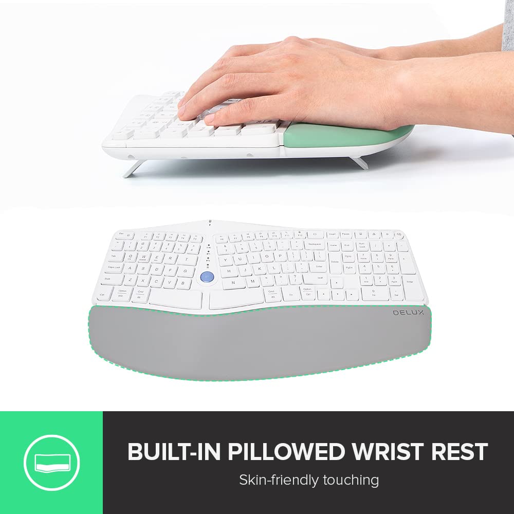 Delux Wireless Ergonomic Split Keyboard With Cushioned Palm Rest Against Carpal Tunnel, [Standard Ergo] Keyboard Series, Multi D