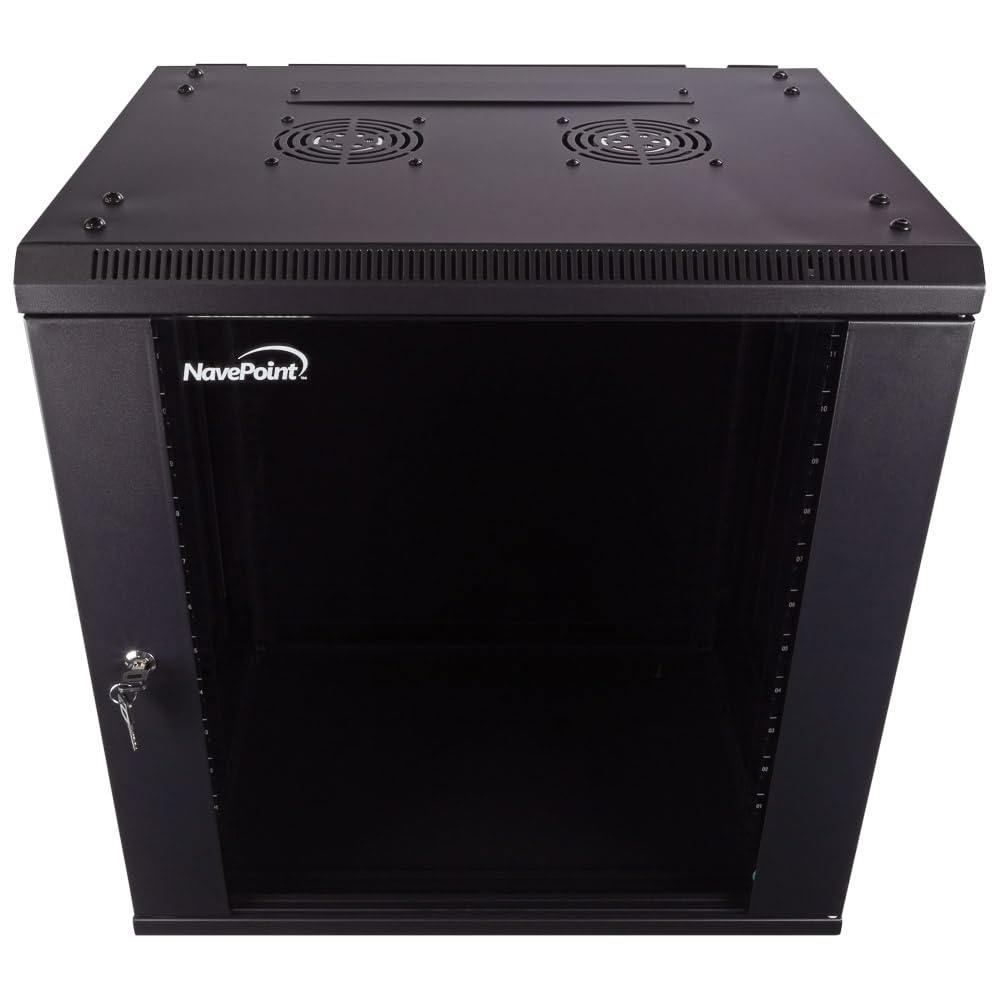 Navepoint 12U Server Cabinet Wall Mount Rack Enclosure Includes 2 Fans, Locking Glass Door, Removable Side Panels   12U Network