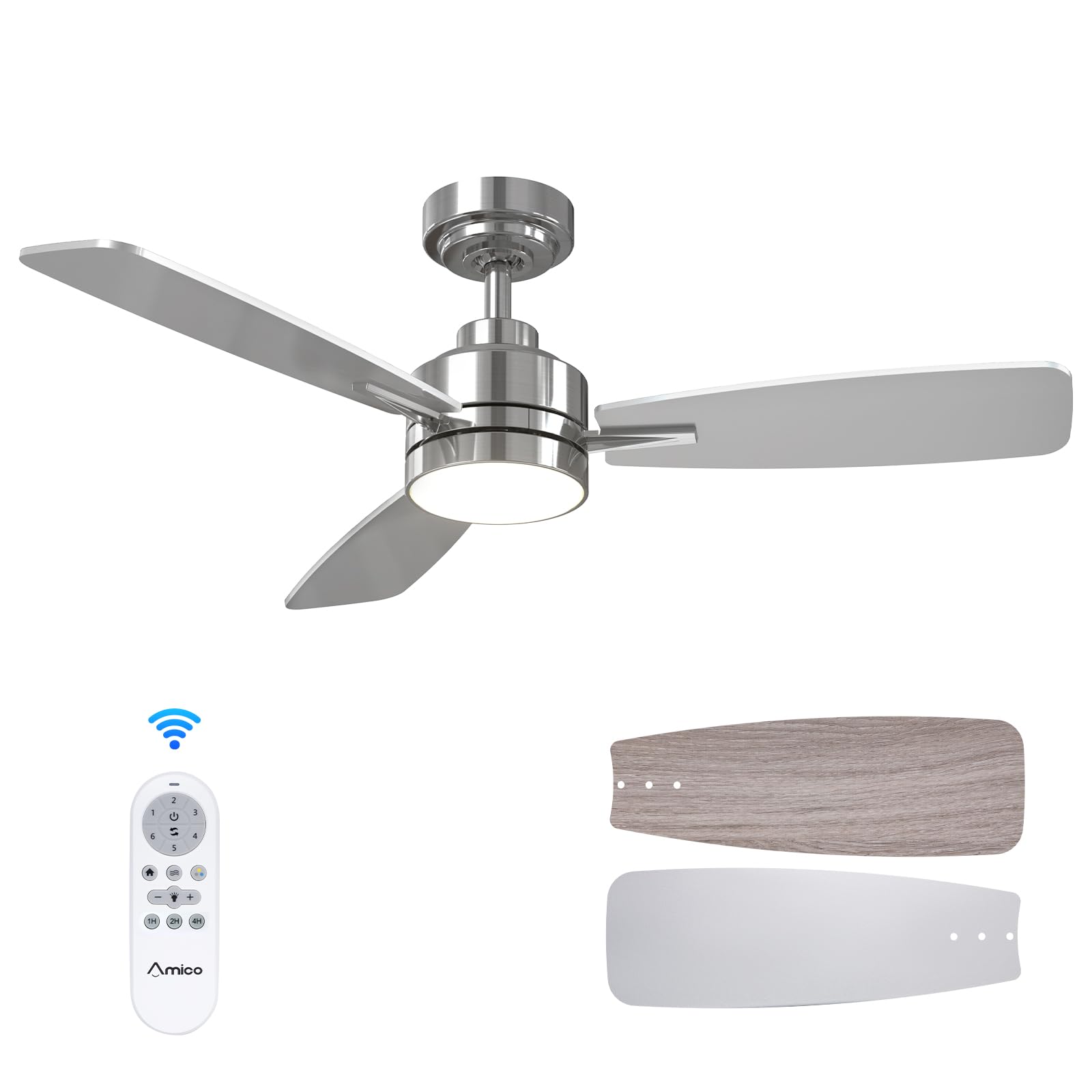 Amico Ceiling Fans With Lights, 44 Inch Nickel Ceiling Fan With Light And Remote Control, Reversible, 3Cct, Dimmable, Noiseless,