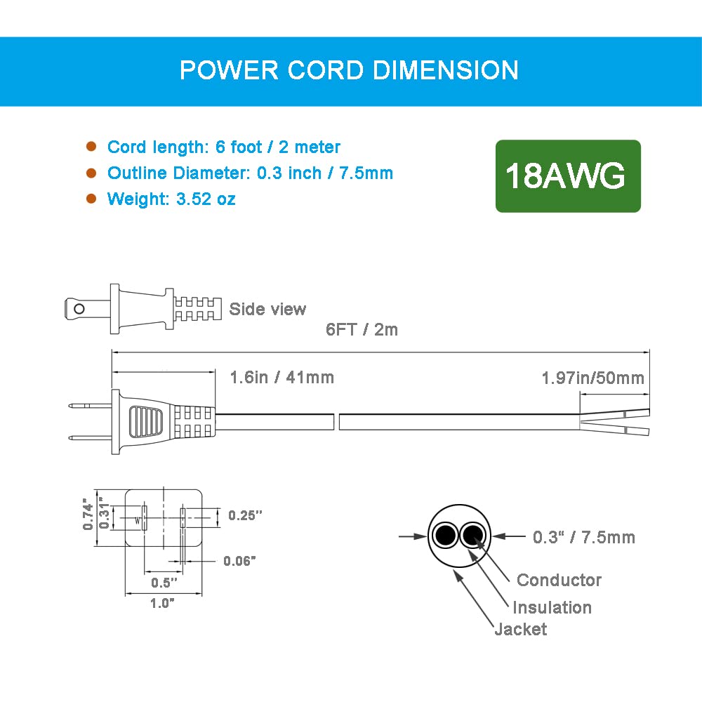 18Awg Replacement Power Cord Round Cable 2 Prong Polarized Plug 18 Gauge 120V Power Supply Cord Sjt 18Awg 6 Foot Pigtail 2 Wire