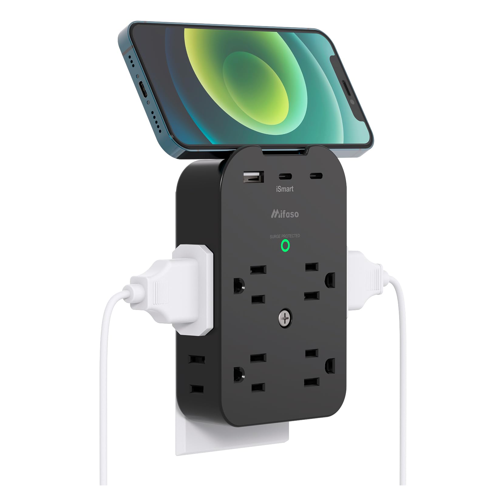 Outlet Extender   Wall Surge Protector With 8 Outlets 3 Usb 2 Usb C, 1 Usb A Multi Plug Outlet Splitter, Wall Mount Adapter With Top Phone Holder For Home, School, Office 1800 Joules, Black