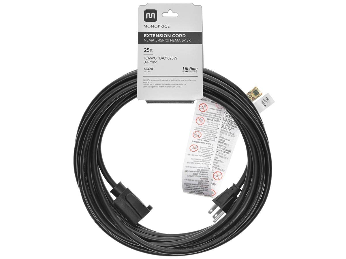 Monoprice 25Ft 16Awg Power Extension Cord Cable   Sjt 16/3C Nema 5 15P To Nema 5 15R (13A/125V) Ap301+Sp506   Black
