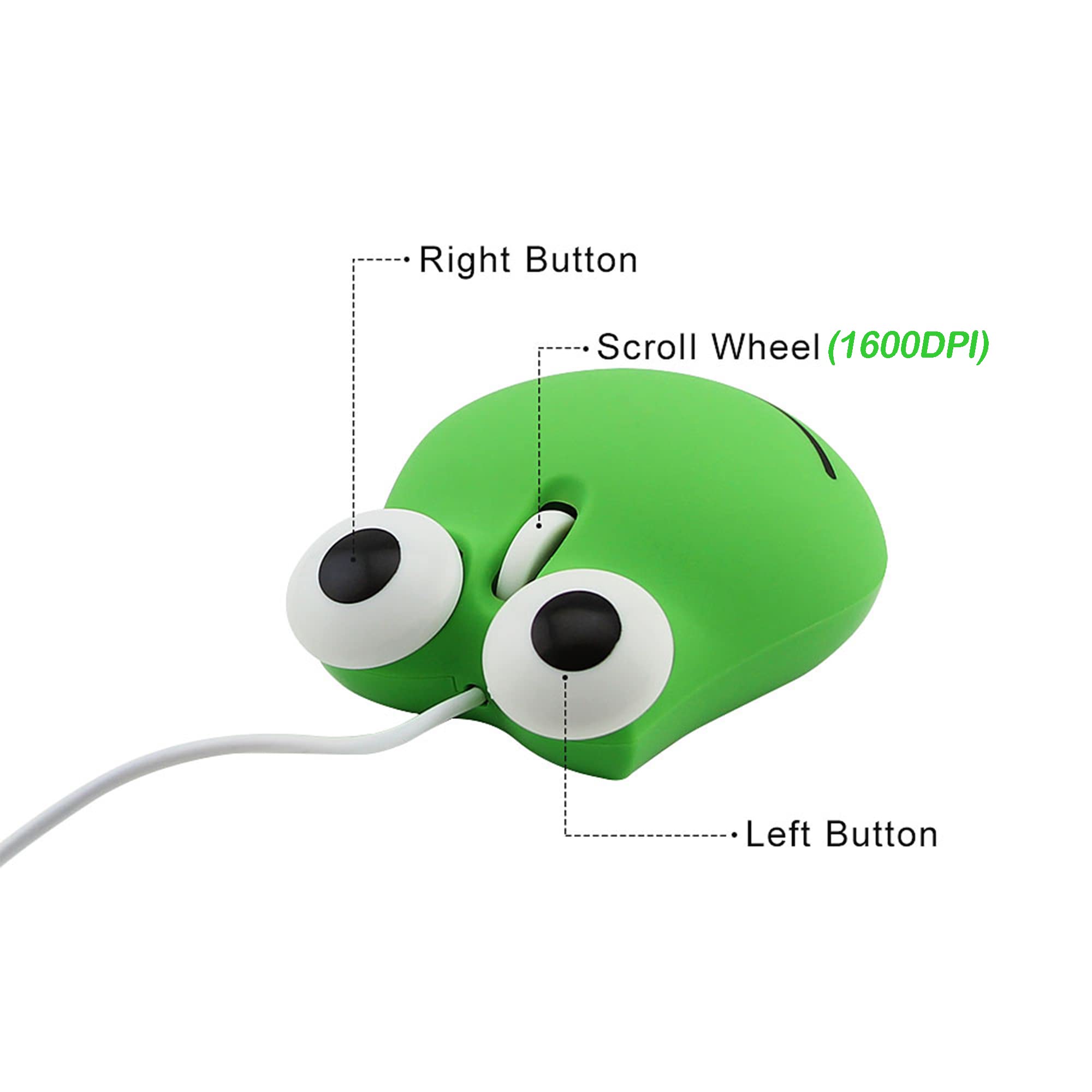 Elec Space Usb Wired Mouse, Frog Shape, 1600Dpi, 3.66 X 2.96 X 1.38 In, Green