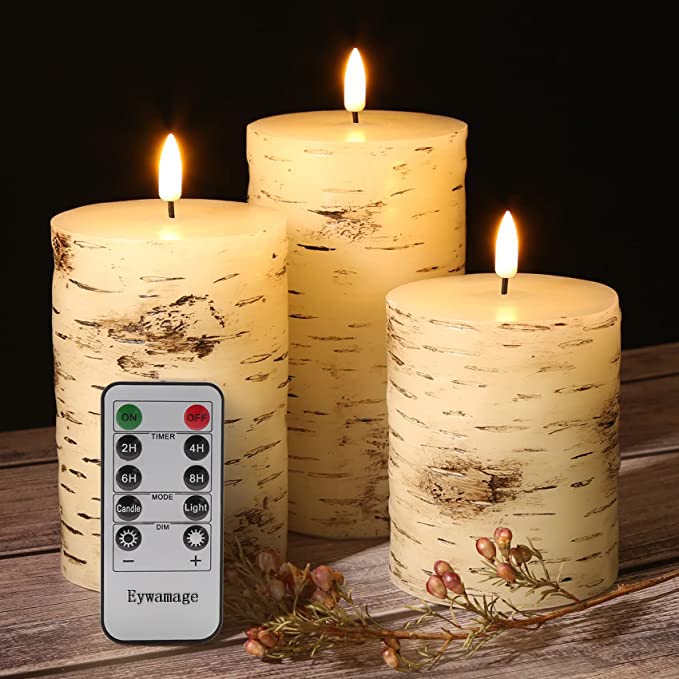 Eywamage Birch Wood Flameless Pillar Candles With Remote, Flickering Led Wax Battery Candles Set Of 3, Christmas Fall Decorative