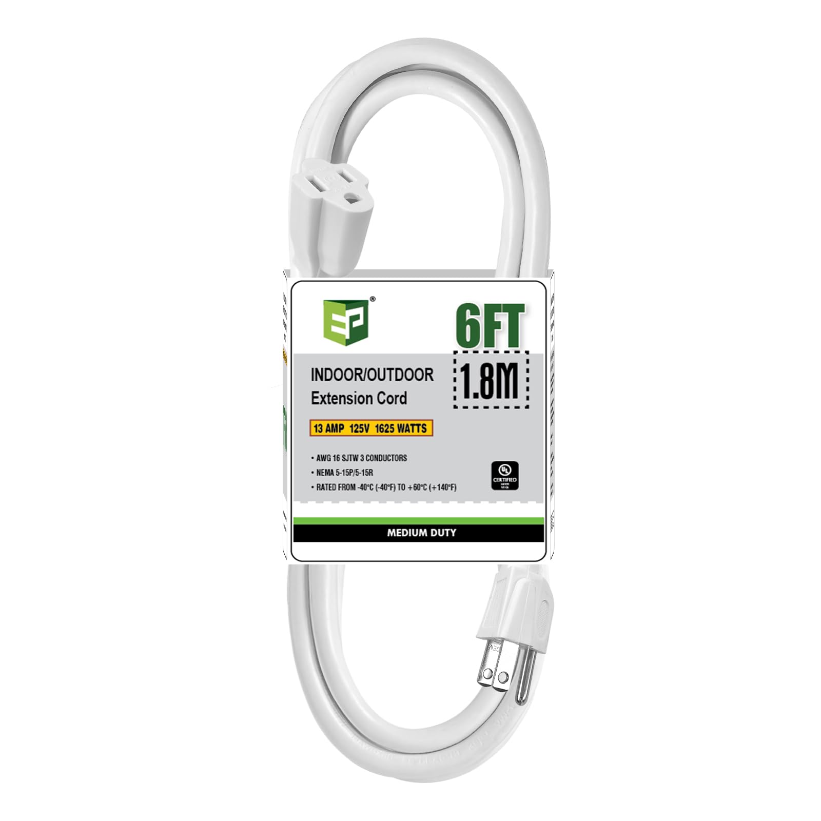 Ep 6 Ft Outdoor Extension Cord   16/3 Sjtw White Electrical Cable With 3 Prong Grounded Plug, Ul Listed