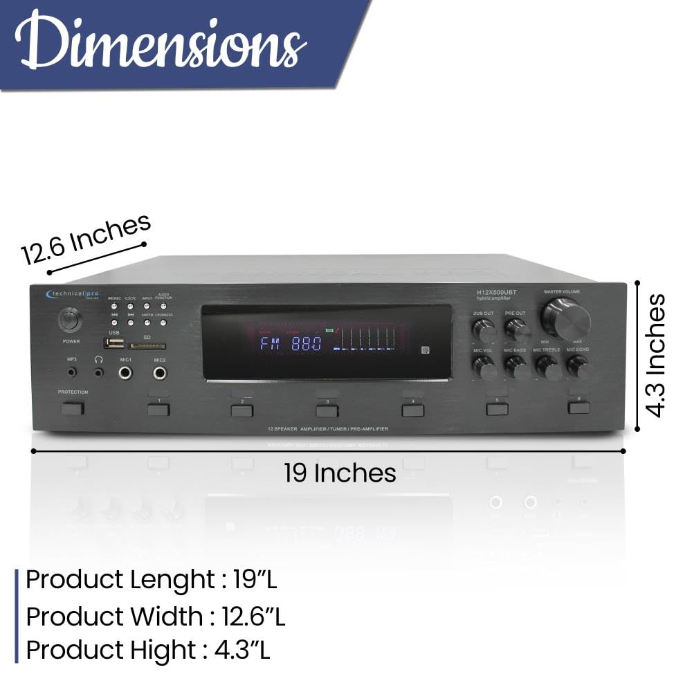 Technical Pro 6000 Watts 6 Zone Digital Bluetooth Hybrid Amplifier Preamp Tuner W/Speaker Usb, Sd Card Output, 2 Mic Inputs, Bass & Treble Controls, Cooling Speed Fan & Lcd Display