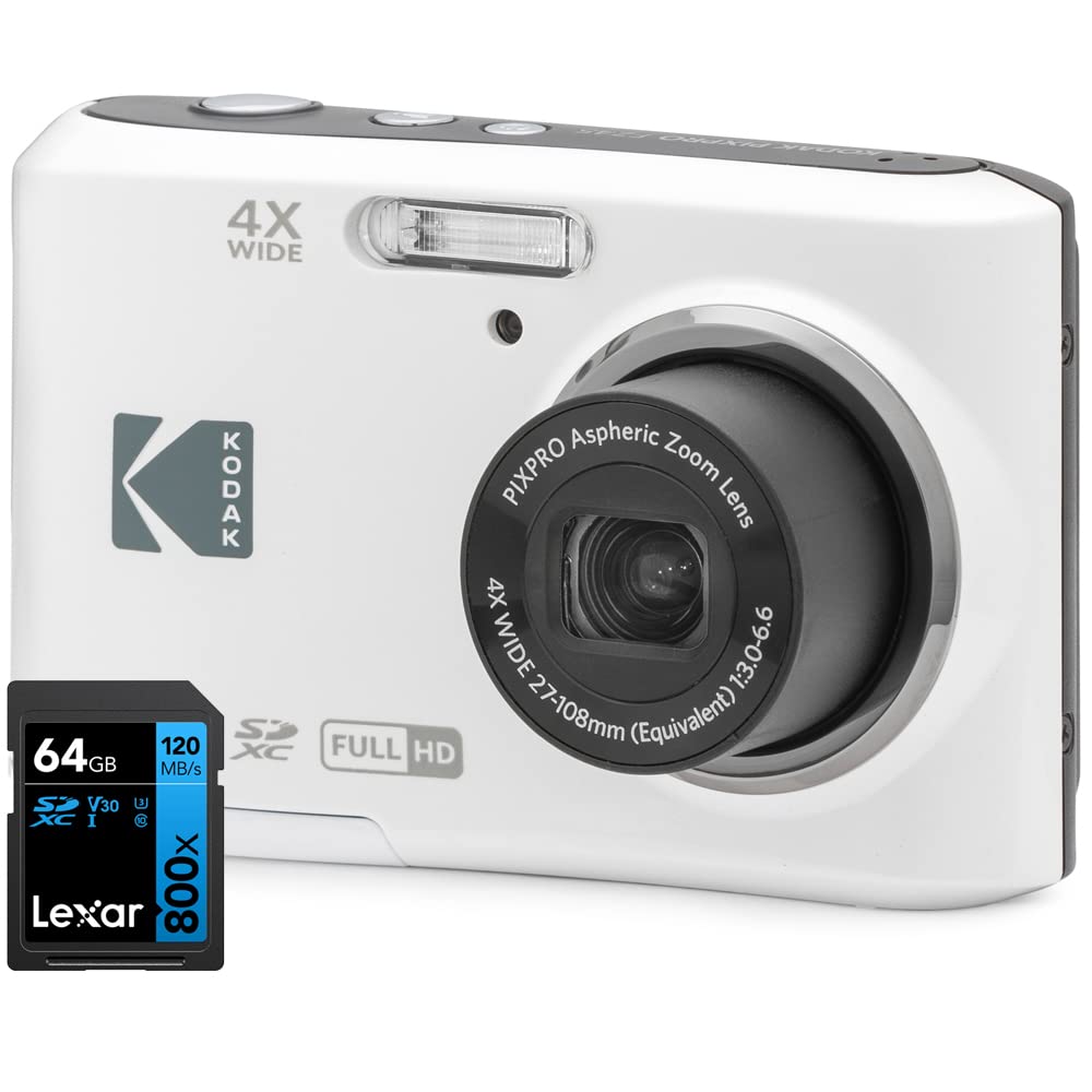 Kodak FZ45WH PIXPRO FZ45 16MP Digital Camera White Bundle with Lexar 64GB High-Performance 800x UHS-I SDHC Memory Card Blue Seri