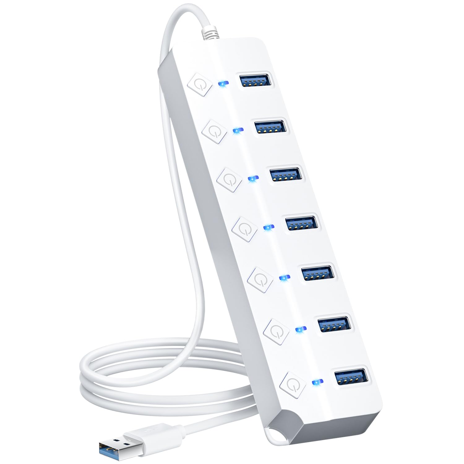 Onfinio Usb Hub 3.0, 7 Port Usb Hub Splitter With Individual On/Off Switches And Lights, 3.2Ft/1M Long Cable Compatible With Macbook, Laptop, Surface Pro, Ps4, Pc, Flash Drive, Mobile Hdd White