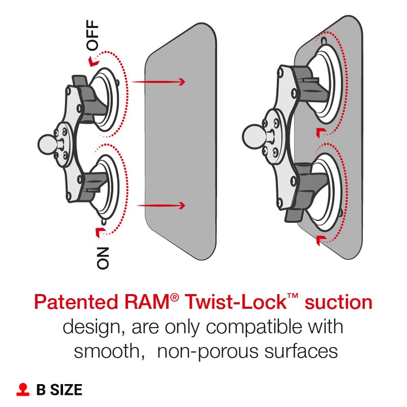 Ram Mounts Twist Lock Dual Suction Cup Base With Ball Ram B 189B 202U With B Size 1'' Ball