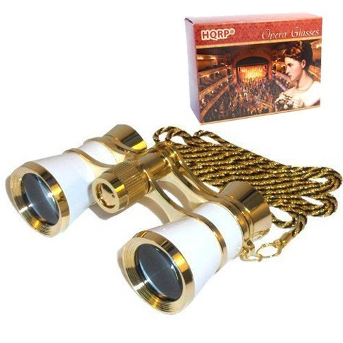HQRP 3x25 Opera Glasses Theater Binoculars, White Pearl Color with Golden Necklace Chain, Crystal Clear Optic (CCO), or Adults K