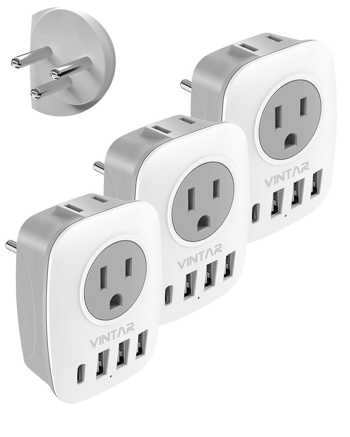 [3 Pack] Israel Power Adapter, Vintar Israel Plug Adapter With 1 Usb C,3 Usb Ports And 2 American Outlets,6 In 1 Type H Travel A