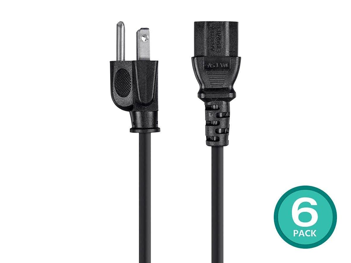 Monoprice Power Cord   Nema 5 15P To Iec 60320 C13, 18Awg, 10A/1250W, 125V, 3 Prong, 3Ft, Black, 6 Pack