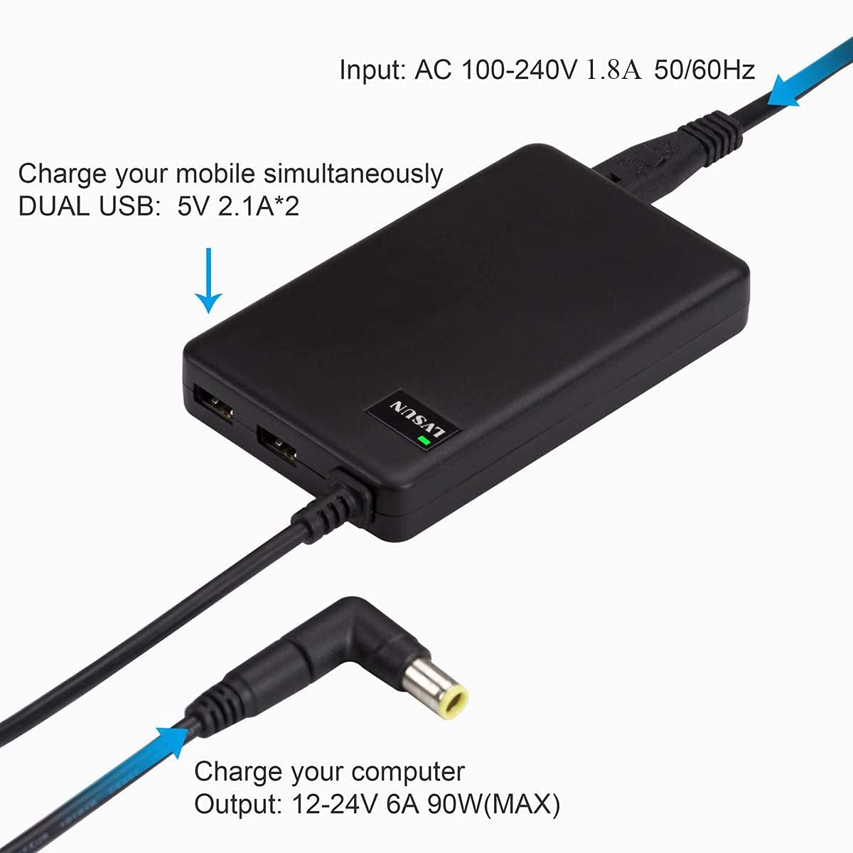 Universal Laptop Charger 90W Slim Ac Adapter Power Supply Cord With Dual Usb Ports 5V2.1A For Mobile|Tablet Compatible With Leno