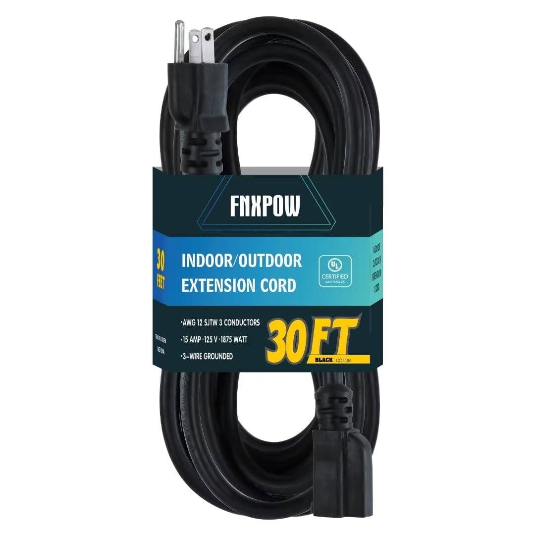 Fnxpow Indoor Outdoor Extension Cord, 12 Gauge 3 Prong Weatherproof Heavy Duty Black Extension Cords,12/3 Sjtw 15A 30 Ft Extensi