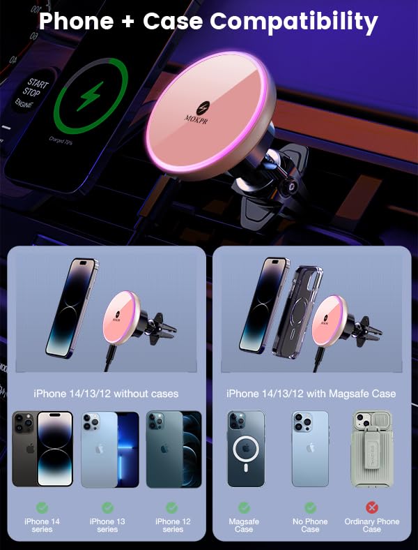 Mokpr For Magnetic Car Mount Charger-15W Wireless Car Charger-Magnetic Car Phone Holder For Dash Air Vent-Led Rgb Handsfree Car