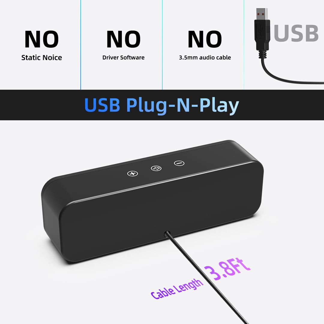 [Upgraded] Usb Computer Speakers For Desktop Pc, Laptop | Plug N Play | Small Soundbar With Crystal Clear Sound, Loud Volume, De