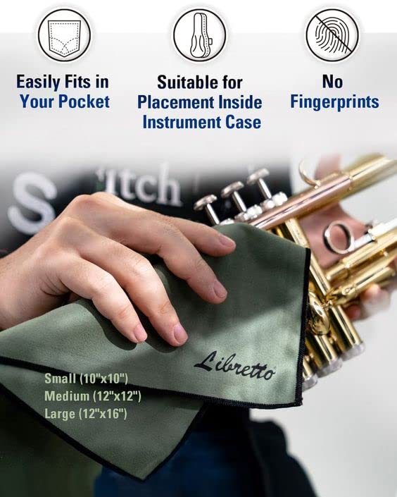 Libretto Microfiber Polish Cloth For Musical Instrument, 3 Sizes In 1 Pack, Trumpet And Brass Cleaning Product, Green, Lint Free