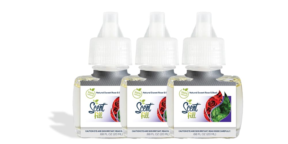 Scent Fill 100% Natural Sweet Rose & Basil Plug In Air Freshener, Scented Oil Refills, 3 Refills