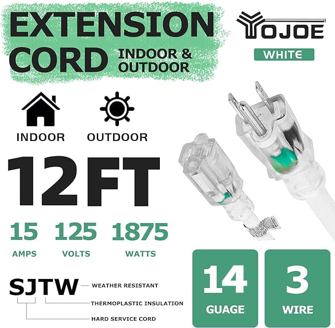 Yojoe Indoor Outdoor Extension Cord With Lighted End, 3 Prong 15A Weatherproof Power Extension Cord, 14 Gauge Heavy Duty 12 Ft W