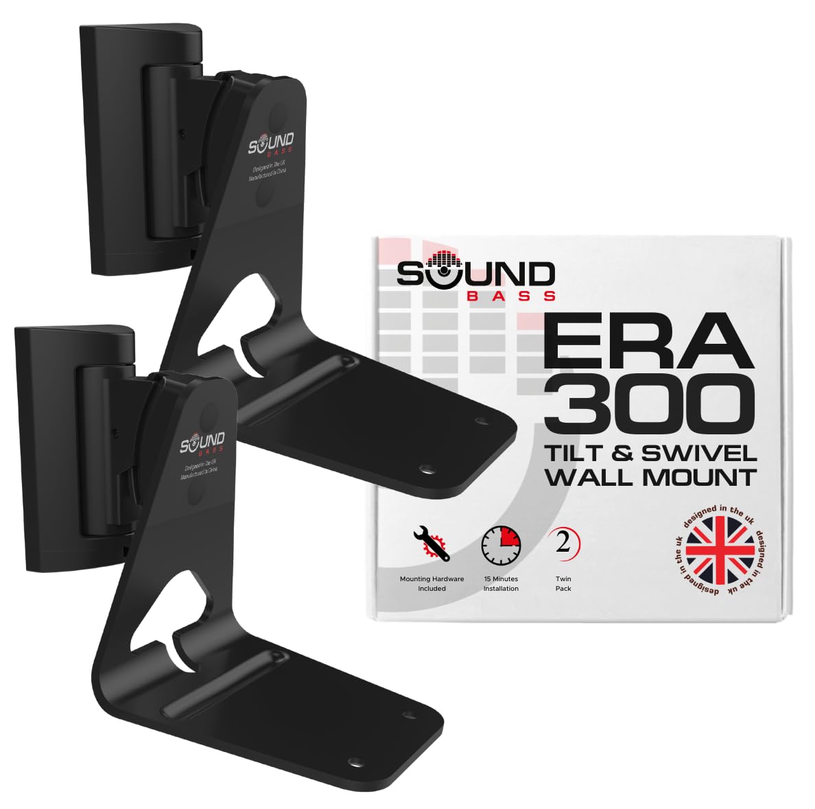 Sound Bass ERA300 Wall Mount Bracket, Tilt and Swivel, Black, Twin (2pcs), Compatible with Sonos ERA 300, Effortless Installatio