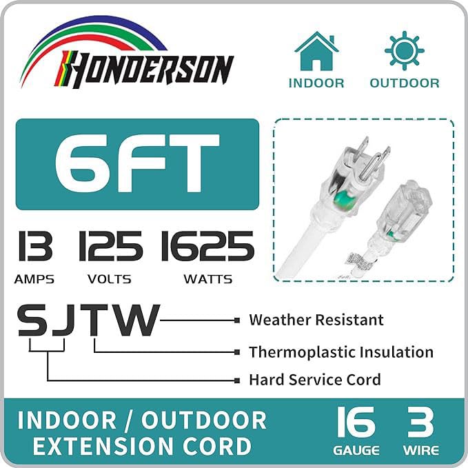 Honderson Indoor Outdoor Extension Cord Weatherproof With Lighted End, Ul Listed, 16 Gauge 6Ft White 3 Prong Heavy Duty Extensio