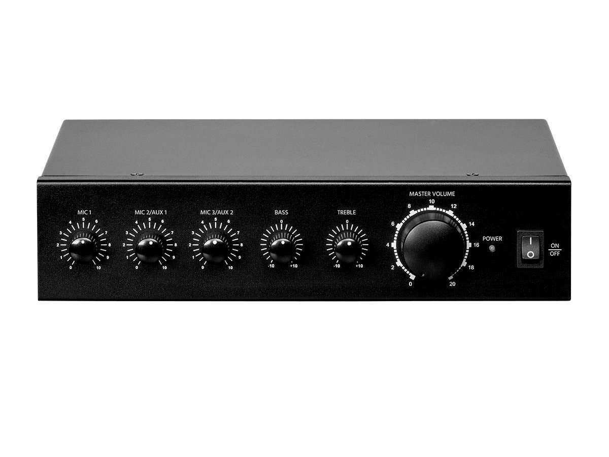Monoprice Commercial Audio 3 Channel 60 Watt 100/70V Mixer Amp   Three Mic Inputs, Bass, Treble, And Volume Controls, Black
