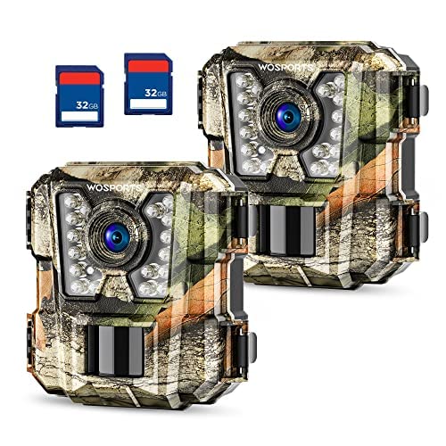 Wosports Mini Trail Camera 2 Pack 24Mp 1080P Hd, Game Hunting Camera With 32Gb Sd Cards, Waterproof Night Vision Tiny Scouting C