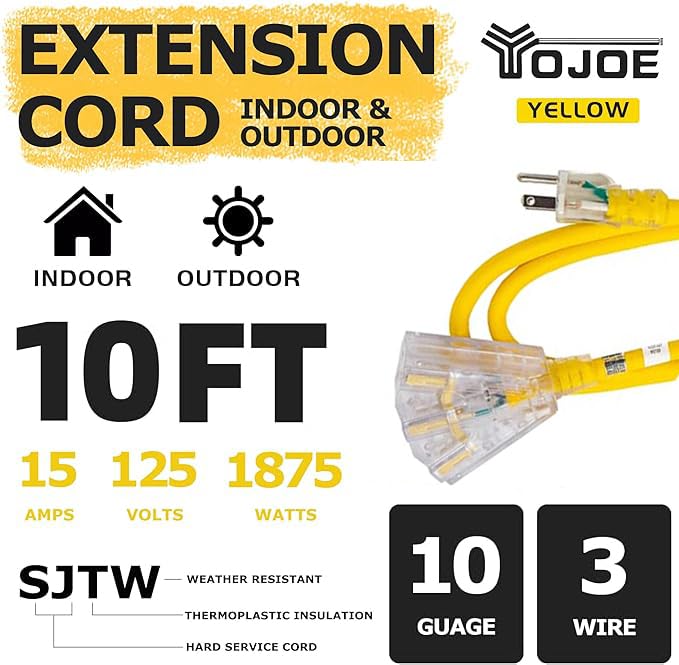 Yojoe 3 Outlets Indoor Outdoor Extension Cord With Lighted End, 3 Prong 15A Weatherproof Power Cord, 10 Gauge Heavy Duty 10 Ft Y