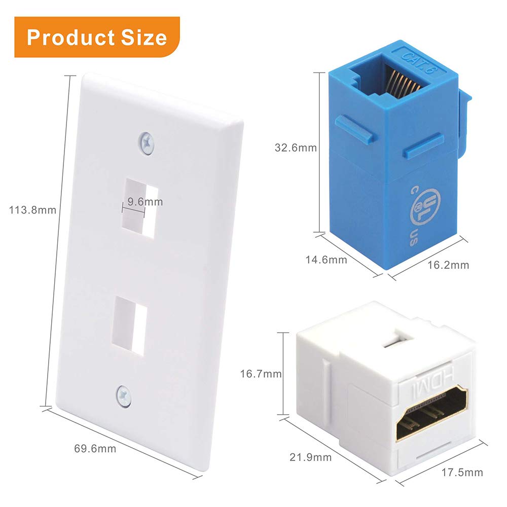 Vce Hdmi Ethernet Wall Plate, Ul Listed Rj45 Cat6 Keystone Jack And Hdmi Female To Female Keystone Jack Insert, 2 Port Wall Plat