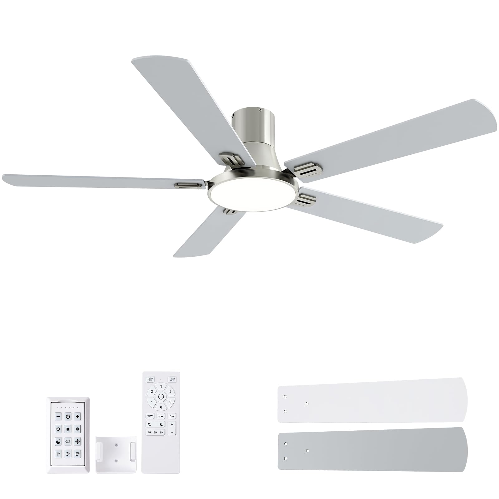 SNJ 60 Inch Brushed Nickel Ceiling Fans with Lights and Remote,Flush Mount Low Profile 5 Blades Ceiling Fan,Dimmable Quiet Rever