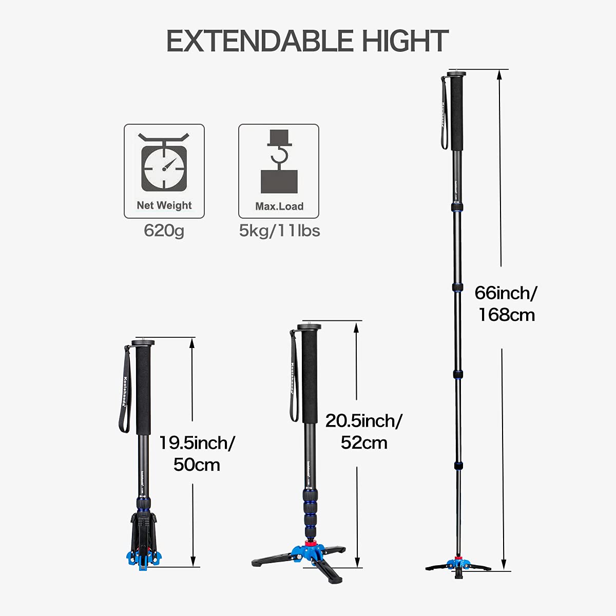 Koolehaoda Professional 65 Inch Camera Aluminium Monopod With Folding Three Feet Support Stand