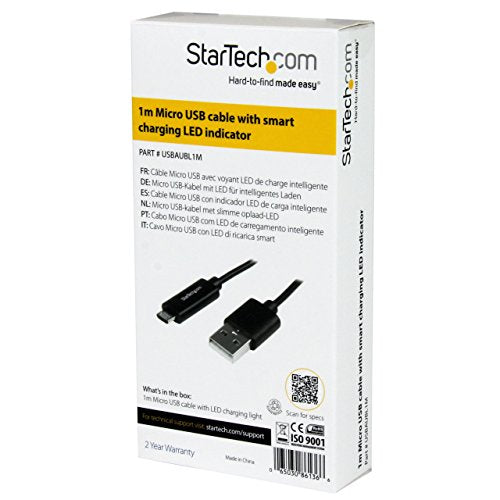 StarTech.com 1m / 3ft USB to Micro USB Cable with LED Charging Light   M/M USB to Micro USB Charging Cable   USB Charger Cable (USBAUBL1M)