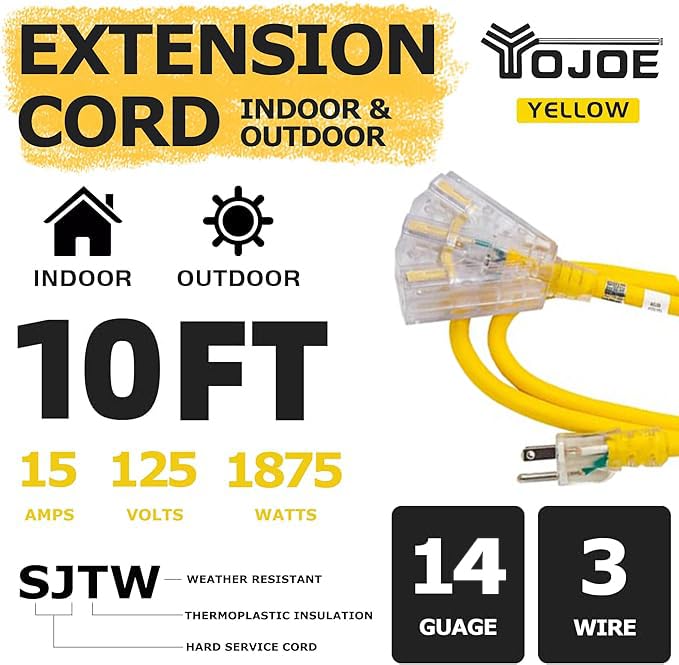 Yojoe 3 Outlets Indoor Outdoor Extension Cord With Lighted End, 3 Prong 15A Weatherproof Power Cord, 14 Gauge Heavy Duty 10 Ft Y