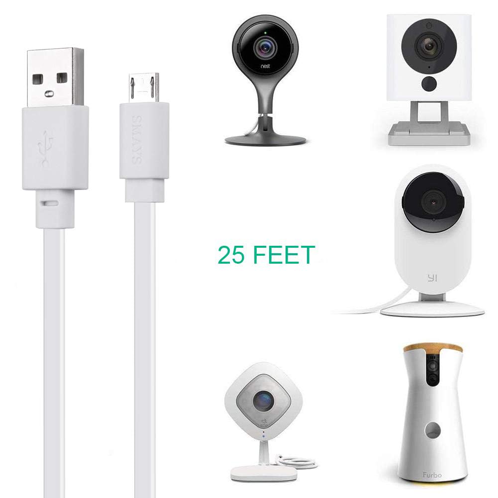 3 Pack 25 Ft Micro Usb Extension Cable Compatible With Wyze Cam Pan, Yi Cam, Nest Cam, Blink Xt Mini, Zmodo Security Camera, Lon