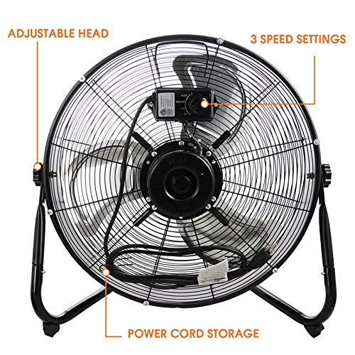 Vie Air Va 20W 20'' Industrial Floor Drum Fan With 3 Speed, 360 Tilt Head, Black