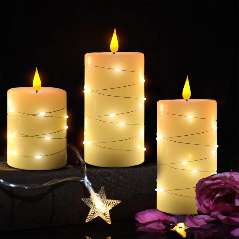 Ledholyt Rechargeable Flameless Candle, Flickering Led Pillar Real Wax Candle With Fairy Lights, Remote Control And Timer, Upgra