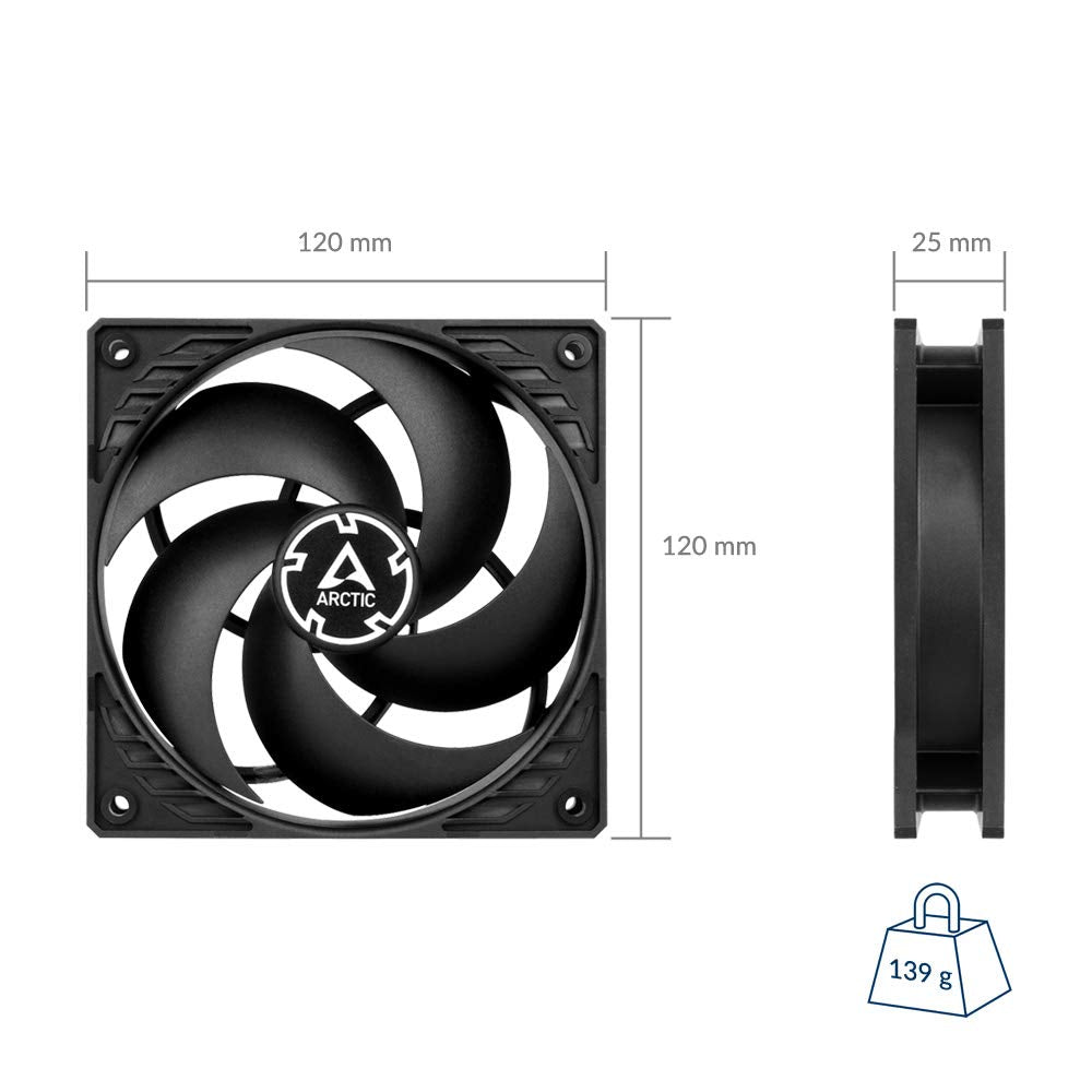 ARCTIC P12 Silent 120mm PC Case Fan - Pressure-Optimised, Very Quiet Motor, 1050 RPM, Black