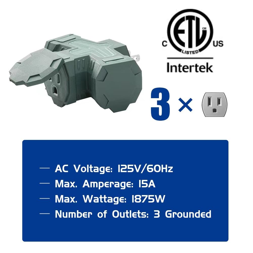 Outdoor Plug Outlet Splitter, 3 Way Outlets Power Extender With Safe Cover, Heavy Duty Waterproof Multi Plug Outlet For Holiday