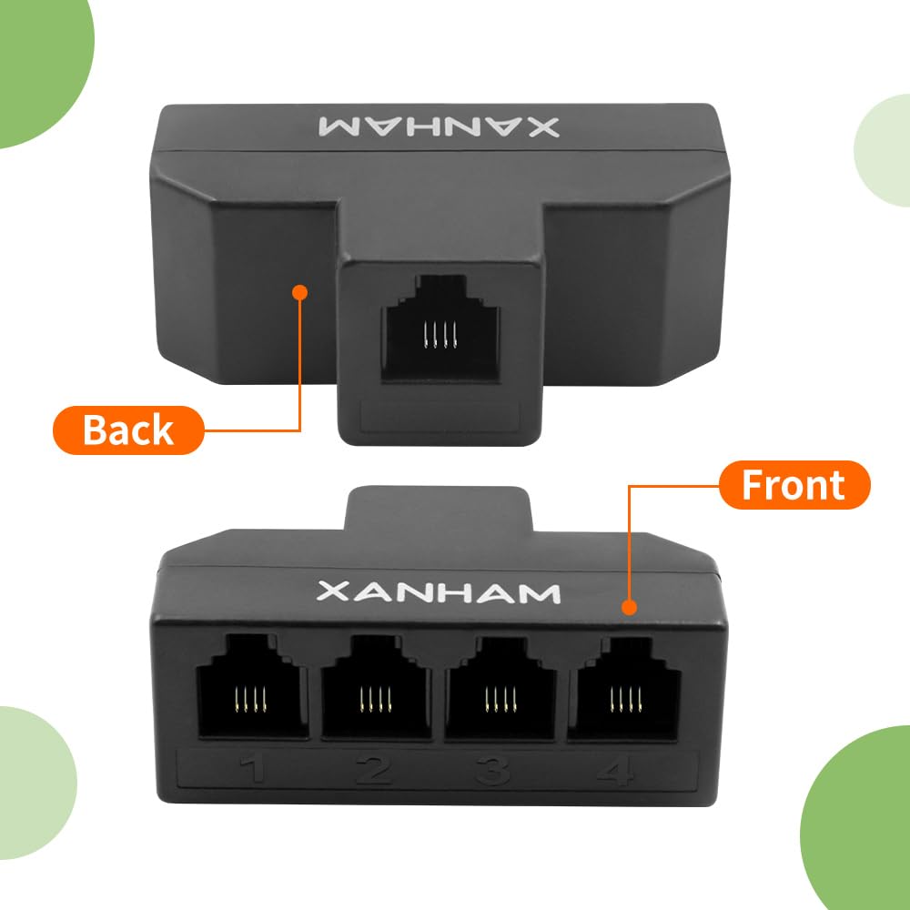 Xanham Rj11 Cable 4 Way Splitter 6P4C Connector Phone Line Cord Adapter With 3 Inch Cable For Landline Telephone Wire, Black, Av