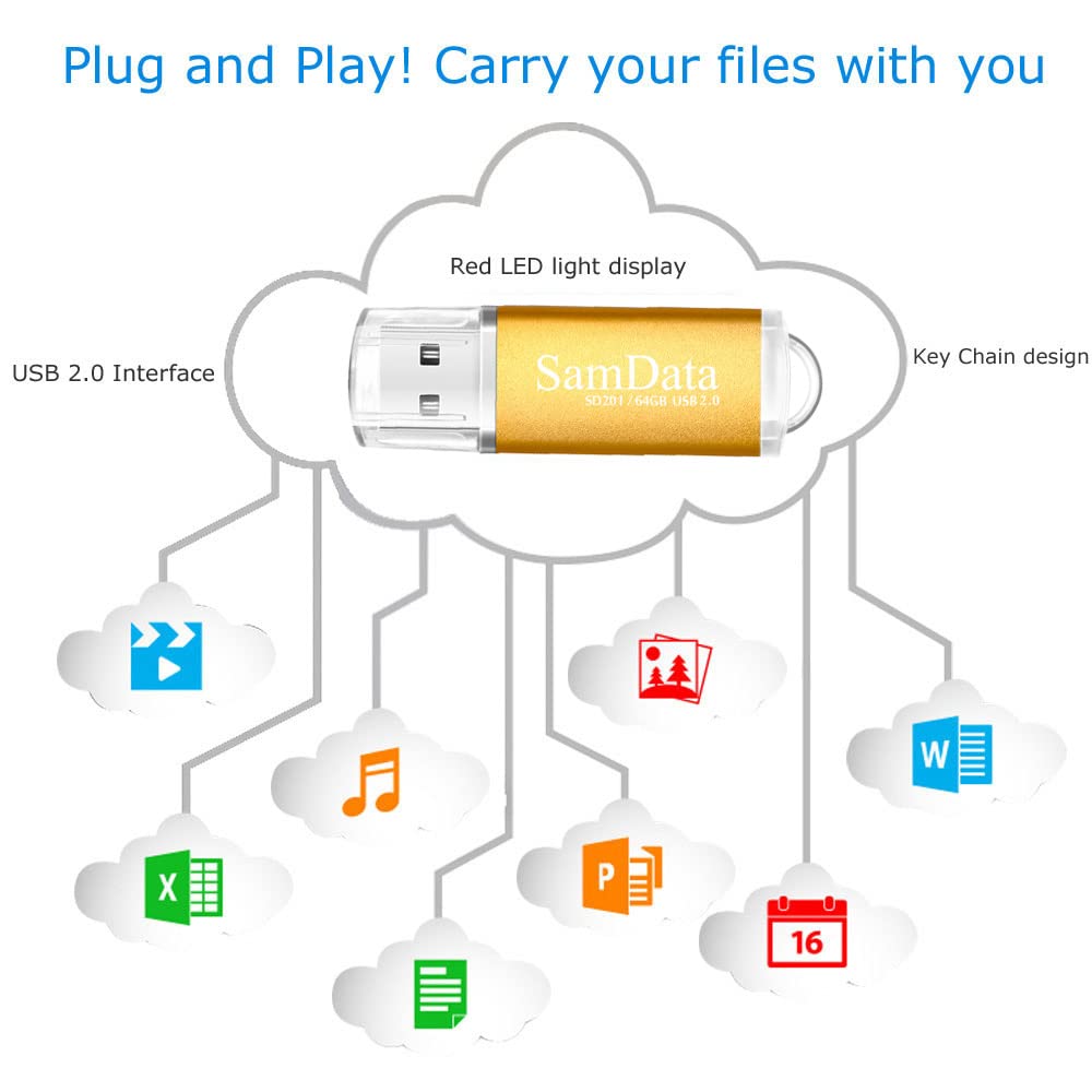 Samdata 1 Pack 64Gb Usb Flash Drives Usb 2.0 Thumb Drives Memory Stick Jump Drive Zip Drive, Gold