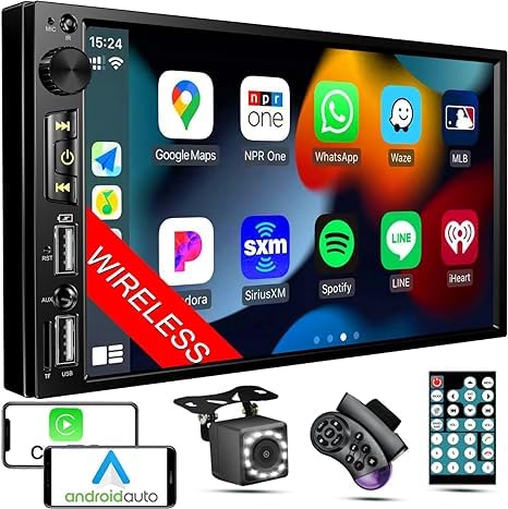 Wireless 7 Inch Double Din Car Stereo With Apple Carplay,Car Bluetooth Fm Car Radio,Backup Camera For Car,Hd 1024 * 600 Touch Sc