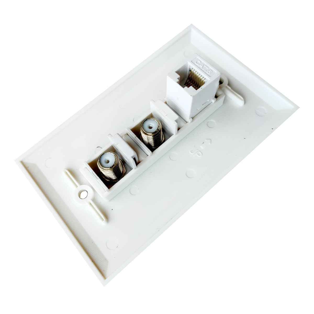 ESYLink BUPLDET Single Gang Wall Plate - 2 Coaxial & 1 Ethernet Port - White, ABS, Model 2F1CAT6