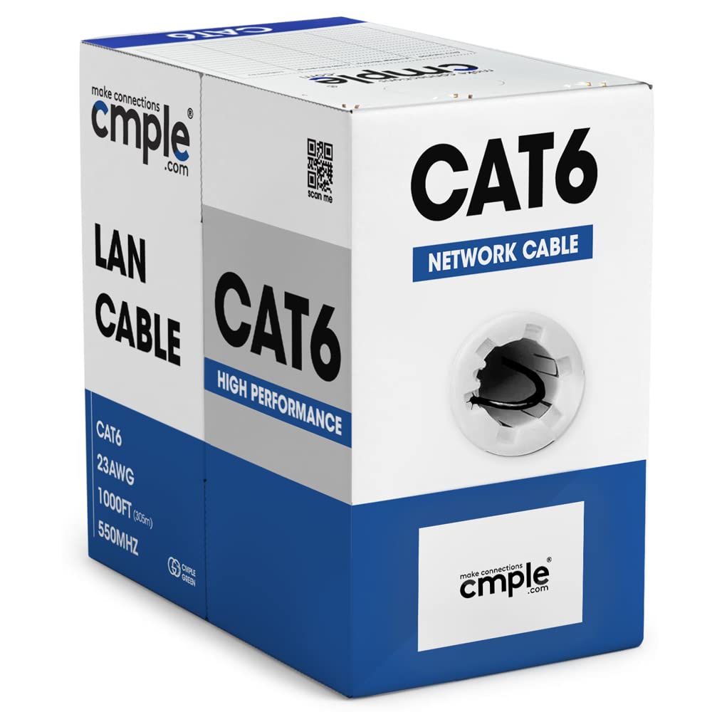 Cmple   Cat6 Cable 1000Ft Bulk Lan Ethernet Cat 6 Wire Network Utp 23Awg Cmr Riser 10Gbps 550 Mhz Pull Box 1000 Feet, Black